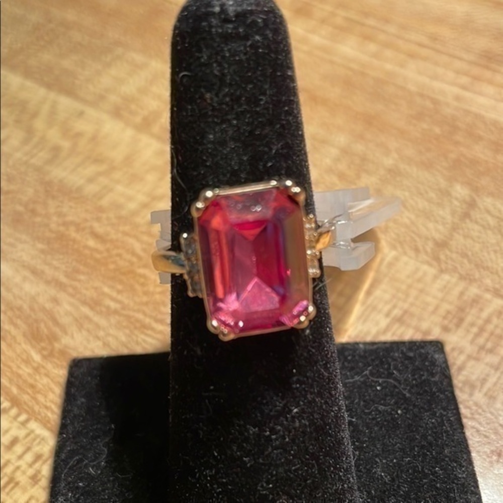 Womens Large Colorful Rectangular Pink Zirconia and Gold Ring